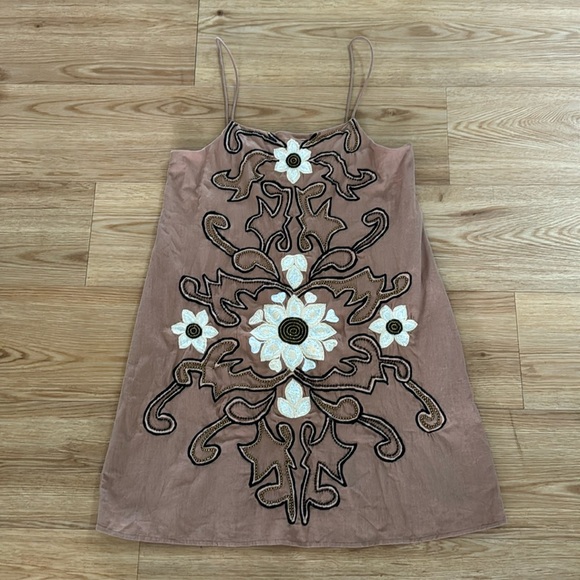 Anthropologie Ollari Women's Hazel Embroidered Dress XS Brown Embelished Mini - Picture 2 of 8